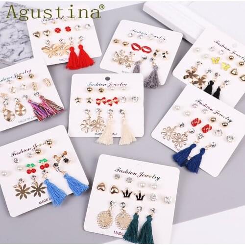 Boho tassel Earrings Set Bohemian Long Earrings For Women Fashion Geometric Fabric Pearl Stud Drop Earring Female Jewelry Brinco