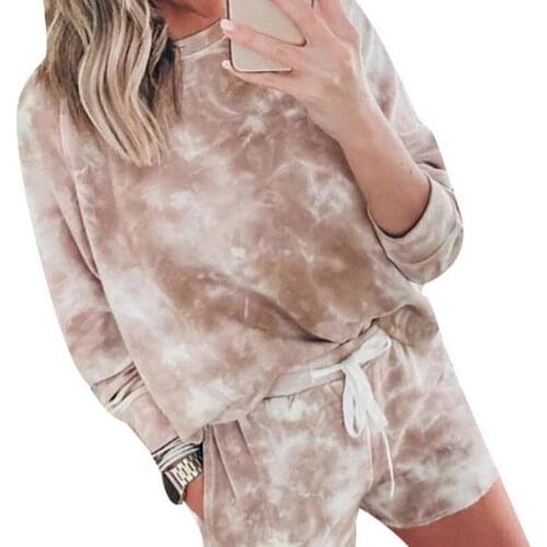 Womens 2 Piece Set Outfits Tie Dye Print Crewneck Loose Sweatshirt &Drawstring Shorts Set Loungewear Casual Sports Two Piece Set