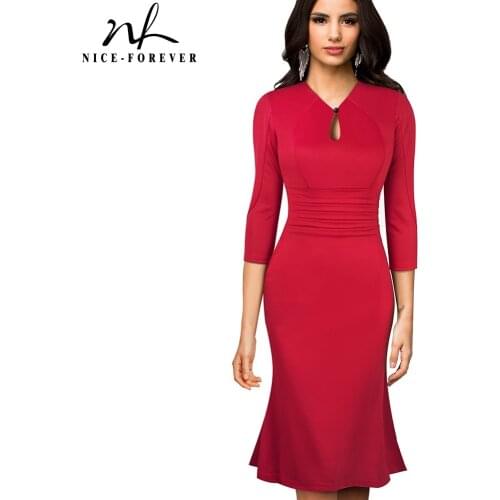 Nice-forever Vintage Elegant Pure color Mermaid vestidos Business Work Party Bodycon Women Dress G823