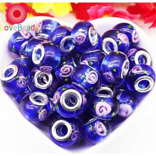 10 Pcs Color Flower Murano Large Hole Lampwork Glass Beads Fit Pandora Bracelet Snake Chain Spacer Pendant Charm Jewelry Making