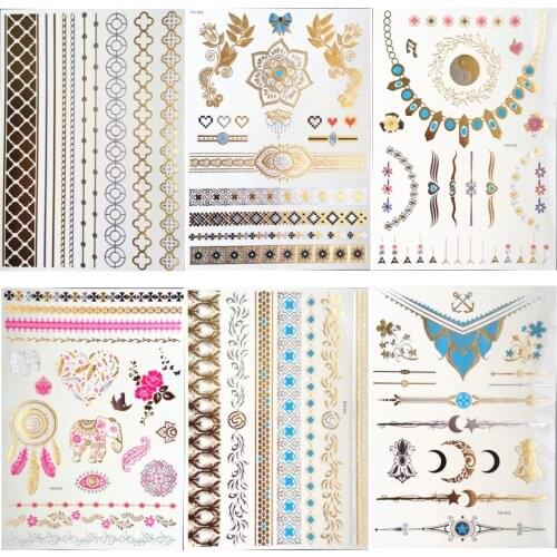10pcs Random Gold Choker Temporary Tattoos Body Art Sleeve Arm Flash Tattoo Stickers Waterproof Henna Fake Tatoo Beauty Selfie
