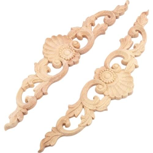 2pcs Wood Carved Decal Corner Appliques Frame Furniture Woodcarving Decor Wooden Figurines Craft Long Stripe 30*6.5cm 3D Flower