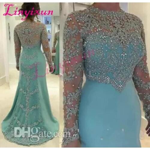 2018 Sheath Prom Evening Dresses with Scoop Neckline Long Sleeves Sweep Train Illusion Beaded Crystal Appliques Vestidos Festa