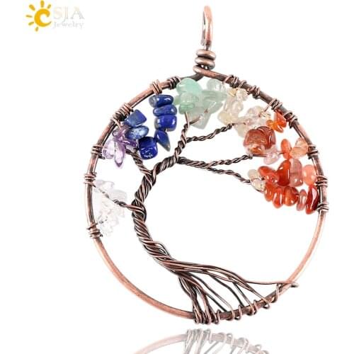 CSJA 7 Chakra Jewelry Rainbow Natural Stone Beads Wrap Wisdom Tree of Life Antique Copper Plated Round Pendant for Necklace E269
