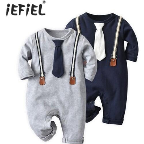 Infant Baby Boys Clothes Winter Long Sleeves Casual Gentleman Romper Newborn Boy Solid Color Jumpsuit with Immovable Necktie