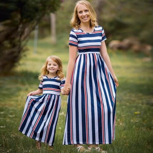 Mommy And Me Family Matching Mom And Girl Daughter Dress Striped Stitching Parent-Child Dress Mom And Daughter Dress