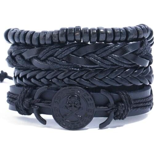 Fashion Rock Black Skull Bracelet Braided Rope Leather Beads Skeleton Charm Bangle Wrap Women Men Wristband Vintage Punk Jewelry