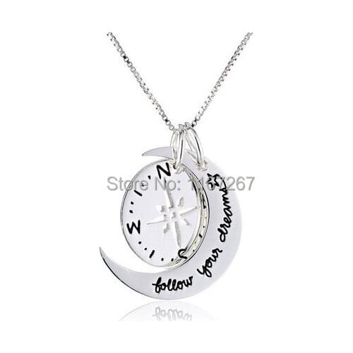 2015 New Arrival Two Piece Compass "Follow your Dreams" silver Pendant necklace gril gift Necklaces Wholesale Jewelry
