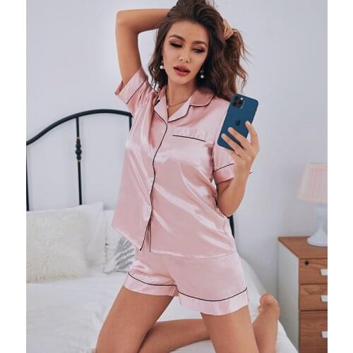 Spring Summer Solid Silk Pajamas Set Short Sleeves Sleepwear For Women Female Home Service Nightwear 2pcs Loungewear Plus Size