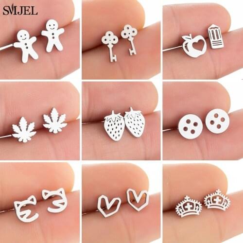 Lovely Stainless Steel Earrings for Women Girls Trendy Cat Heart Crown Leaves Key Pencil Stud Earrings Button Shape Jewelry
