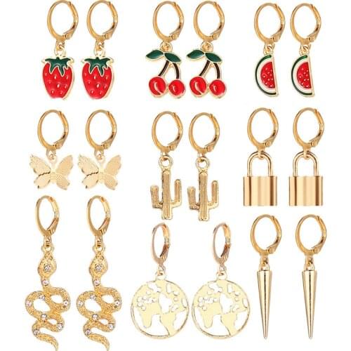 9 Pairs/Set Fruit Strawberry Watermelon Tassel Earrings Gold Color Geometric Snake Round Circle Hoop Earrings Party Jewelry Gift