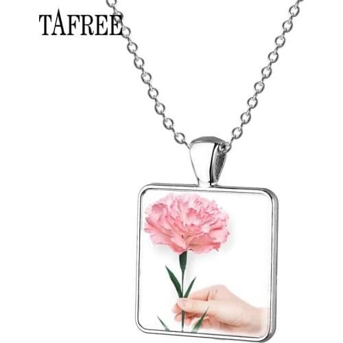 TAFREE Simple Carnation Picture Color Square Pendants Long Chain Necklace For Women Christmas Gift Statement Jewelry KL65