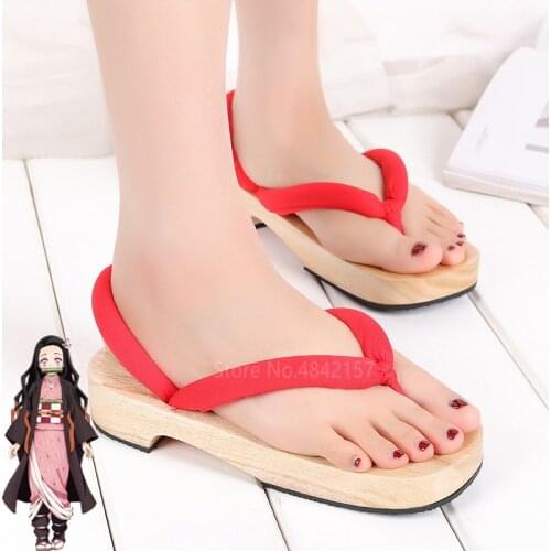 Japanese Anime Women Slippers Demon Slayer Kamado Nezuko Cosplay Kimono Geta Wooden Beach Paulownia Clogs Shoes with Socks