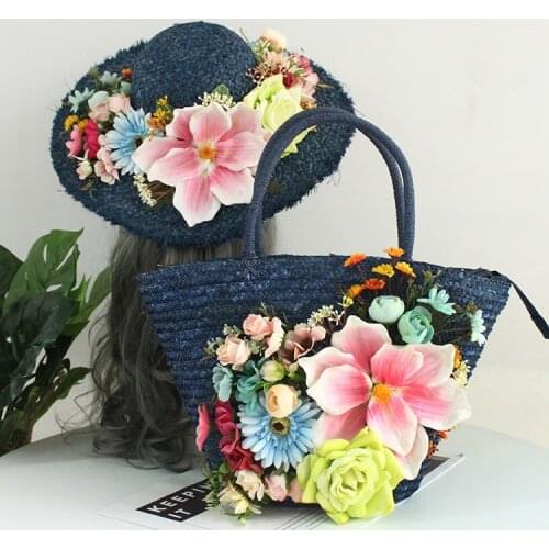 High-end Customized Women Flower Straw Handbag and Hat Suit Colorful Artificial Flower Wave Rattan Summer Beach Holiday Tote