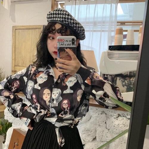 Women Shirts Simple design Loose Blouses shirts Fashion Women Long Sleeve Cartoon Girls Print Buttons Shirt Loose Blouse Top