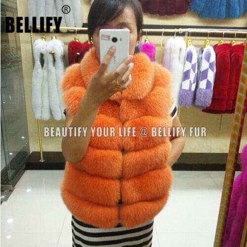Female luxury 100% genuine fox fur vest with small stand collar womens slim orange color fur vest short gilet plus size