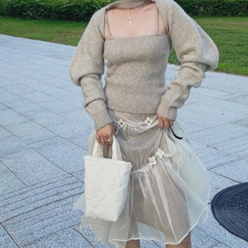Women Sweater Two-piece Sweater Autumn and Winter New Style Beige Lamb Leg Sleeve Knit Woolen Sweater