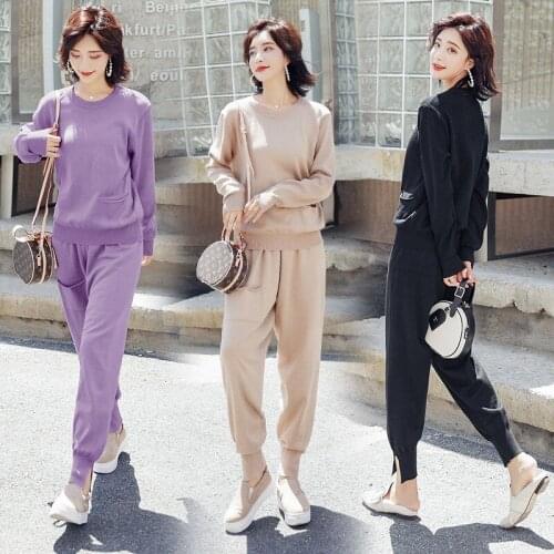 Womens Knitwear Set 2018 Autumn New Fashion Pant suits Solid Color O-Neck Sweater + Knit Harlan Casual Pants Two-Piece Set