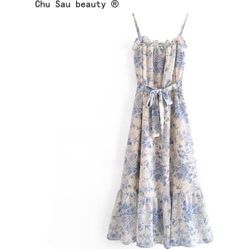 Summer 2021 New French Spaghetti Strap Ruffle Elastic Belt Lace-Up Floral Print Women Dress Zipper Camisole Vestido