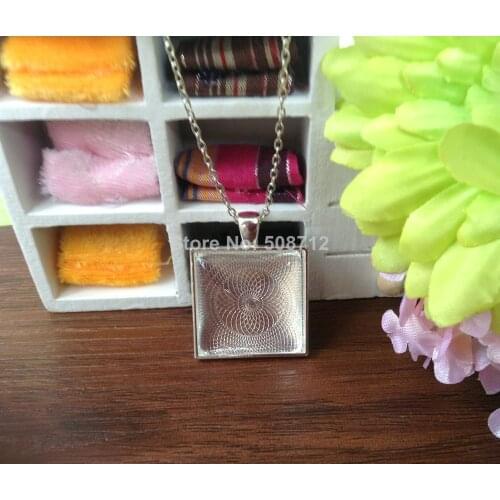 50 Sets,25mm Silver plated Photo Pendant DIY Kits, Square, Cabochon Setting Metal Trays, Glass Cabochons, Metal Necklace Chains