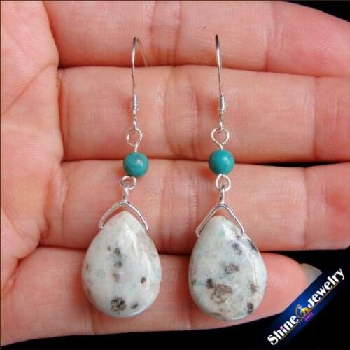 925 Sterling Silver Agate Earring Real Natural Blue Kiwi Stone Pendant Beads Vintage Dangle Fashion Earrings for Women 1Pair E9