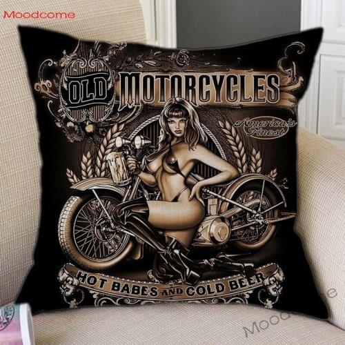 Black Vintage Sexy Girl Motorcycle Art Sofa Pillow Case Hot Babes Motorbike Biker Club Retro American Style Linen Cushion Cover
