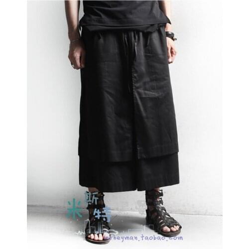 Double Layer Culottes Men Wide Leg Pants Loose Pants Fashion Casual Placketing Hairstylist Skirt Singer Costumes 2020 New 27-44