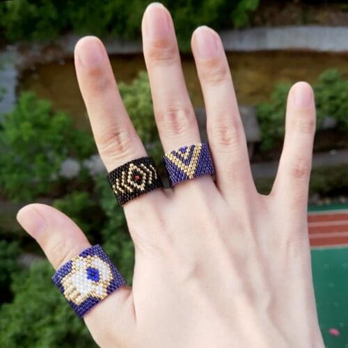 FAIRYWOO Handmade Beaded Ring set Woman Figure Turkey Evil Eye Black Ethnic Geometric Ring Fashion Friendship Letter Miyuki Ring