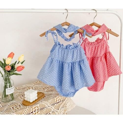 FOCUSNORM 0-12M Summer Baby Girls Cute Rompers Plaid Printed Sleeveless Belt Ruffles Jumpsuits Dress Headband 2pcs