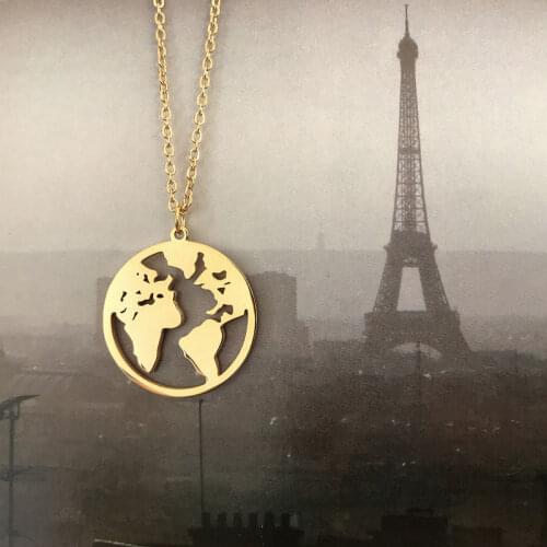 Ins style Gold Plated simple circle world map chocker pendant Necklace lady titanium steel short clavicle chain 2pcs x