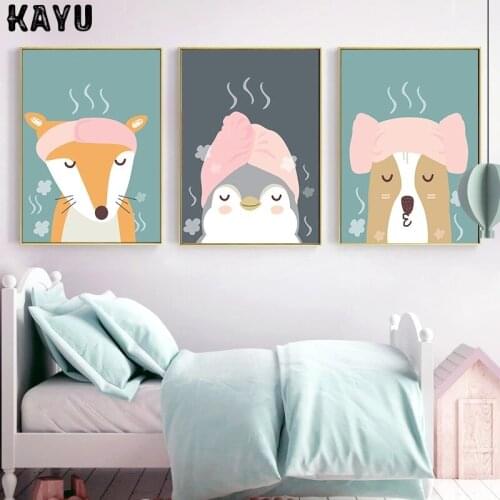 Modern Cute Cartoon Animals Penguin Canvas Painting Lovely Fox Dog Poster Nursery Print Picture Kids Baby Living Room Home Decor