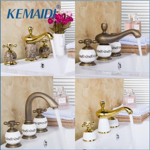 KEMAIDI Luxury Golden Plated Bathroom Faucet set Deck Mounted Bathtub European Shower Basin Mixer Tap ceramic Faucet Body