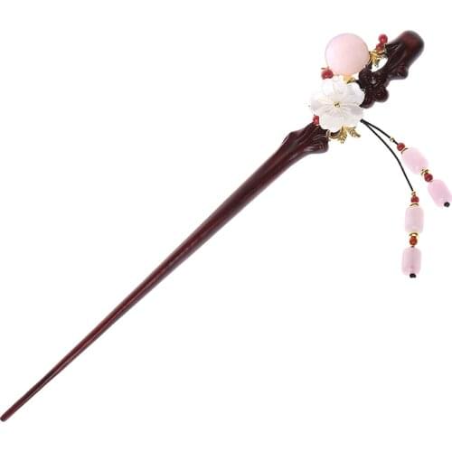 China vintage Natural jade pink bead sandalwood wooden kimono hairpin court hanfu hair sticks accessories pan head tools bagpack