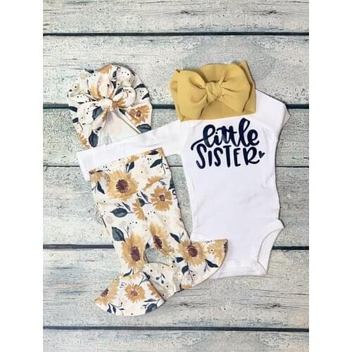 FOCUSNORM 0-18M Newborn Baby Girls Clothes Sets 3pcs Letter Long Sleeve Romper Flowers Flare Pants Headband