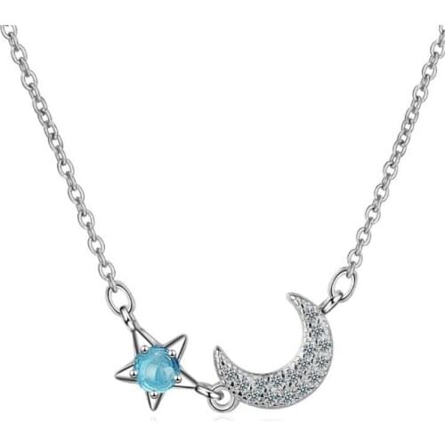 Korean Stle Fresh Blue Stars 925 Sterling Silver Jewelry Crystal Moon and Star Clavicle Chain Pendant Necklaces H392