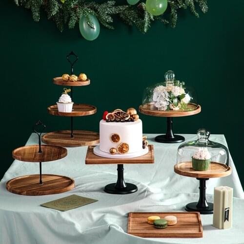 Round Square Wooden Cake Pan Transparent Glass Cover Cake Stand Tall Feet Dessert Plate Double Layer Display Stand Wood Pallets