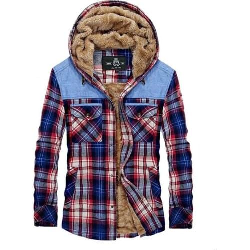 Mcikkny Men Winter Fleece Shirts Pure Cotton Plaid Shirts For Male Thermal Size M-3XL