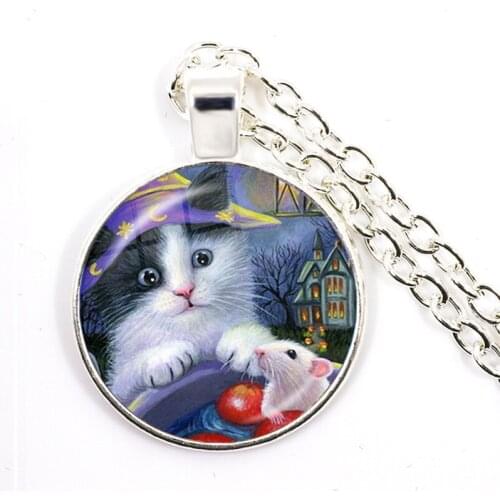 Fashion Necklace Cute Cat Glass Cabochon Round Pendant Necklace Cartoon Cat Accessories Necklaces Jewelry Gift