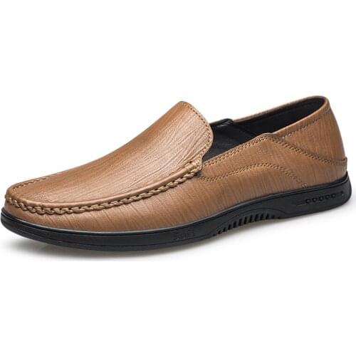 Mens Shoes Loafers Leather Slip On Cow Leather Air Hole Round-toe Casual Hard-Wearing Light Fashion Breathable Driving