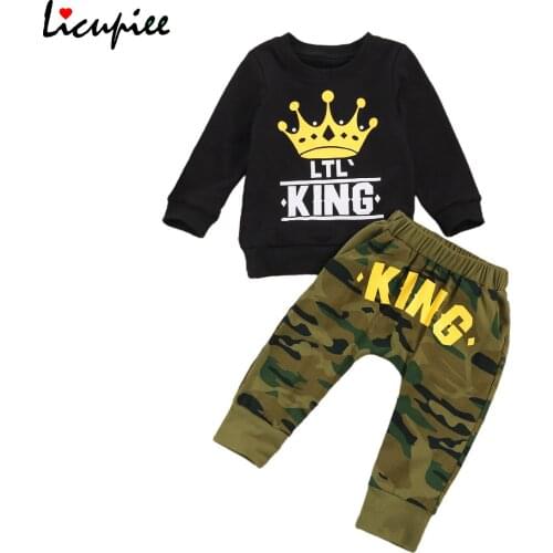 Toddler Baby Boy Fall Outfits, Long Sleeve King Letter Print Crown Tops + Camouflage Pants 2 Psc Clothes Set 1-6 Years
