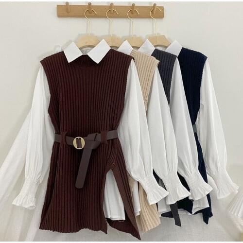 Autumn winter new lantern sleeve-turned shirt sleeveless knitted vest two-piece jacket womens suit Casual Winter