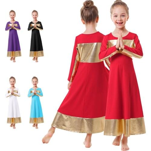 Praise Dance Dress Girls Child Long Sleeve Church Dress Liturgical Dance Dress Long Praise Dress Elegant Kids Girls Praisewear