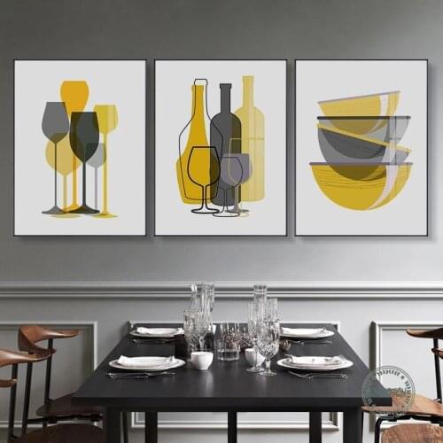 Poster Abstract Yellow Grey Tableware Cup Wall Art Canvas Painting Rice Bowl Wine Glass Restaurant Kitchen Picture Decoration