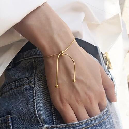 Simple Design Titanium Steel Pull-out Adjustable Bracelet Gold Color Snake Chain Bangle for Women Girl Men Beads Jewelry Gift
