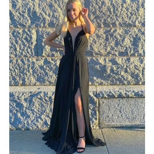 Sexy A-Line V-Neck Black Chiffon Prom Dresses with Pockets Side Slit Sweep Train Backless Abendkleider Robes de Soirée for Women