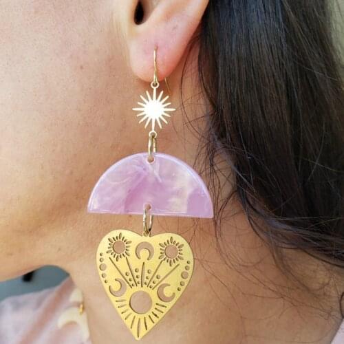 Gold Sun Pink Half Moon Celestial Heart Earrings