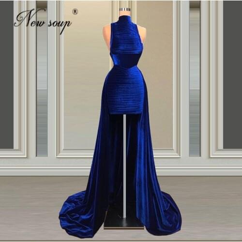 Blue Long Crystals Evening Dresses 2021 Dubai Design Robe De Soiree Mermaid Arabic Velvet Celebrity Party Gowns Prom Dress