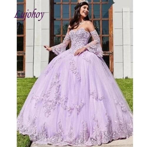 Lilac Long Sleeve Quinceanera Dresses Ball Gown Corset Plus Size Lace Mexican 15 year old Sixteen Princess Sweet 16 Prom Dress