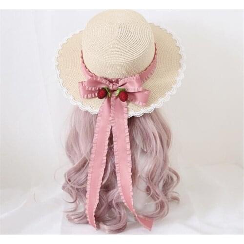 Sweet Berry Straw Hats Women Beach Sun Hat Lolita Lace Bow Ribbon Round Flat Top B1835