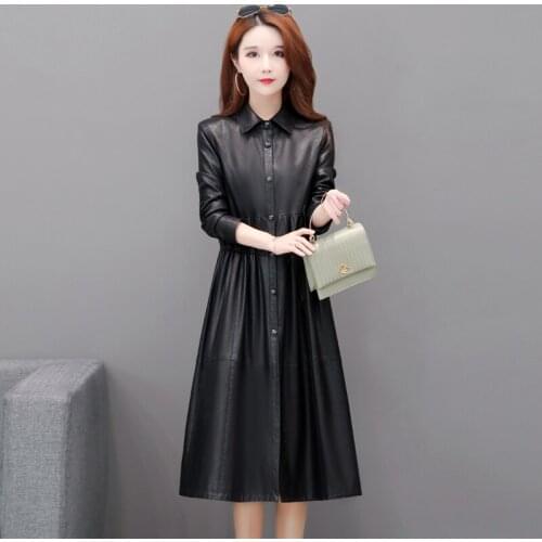 New Spring Autumn Womens Elegant Pu Leather Long Jackets Ladies Black Faux Sheepskin Trench Coat Female Windbreaker Outerwear